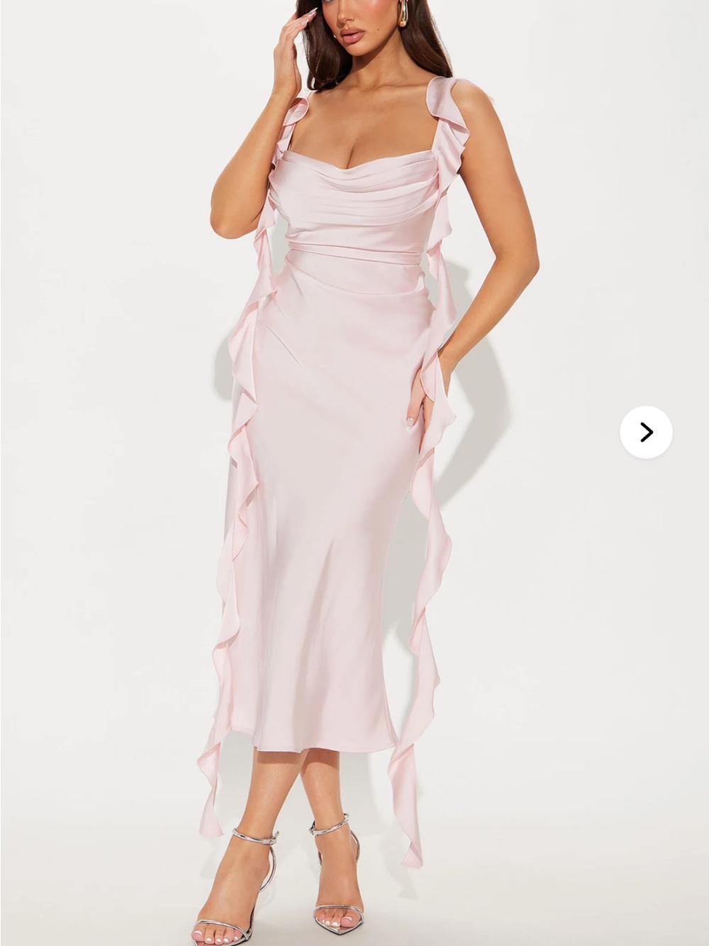 Fashion Nova Soft Pink Ruffle-Trim Cowl Midi Dress